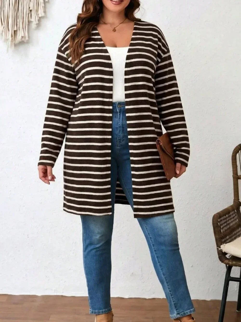 Brown Casual Women's Plus Size Striped Rib-Knit V Neck Drop Shoulder Coat